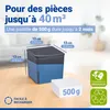 A dehumidifier cube and a 500g refill tablet are shown on a wooden table, with text overlays describing its features and benefits. Anteprima dell’immagine prodotto