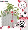 A white ceramic planter with a geometric pattern, containing a small green plant. Dimensions and features are indicated with graphics and text. Produktbild-Vorschau