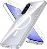 A clear phone case with a magnetic ring and two screen protectors are shown against a white background. Produktbild-Vorschau