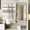 A wardrobe set with a full-screen mirror, showing clothes hanging on a rack and highlighting features with text overlays. Produktbild-Vorschau
