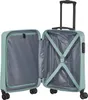 An open teal suitcase with a gray interior, showing straps and wheels. Podgląd zdjęcia produktu