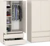 A two-part image showing a wardrobe. The left side shows the wardrobe with one door open, revealing shelves and hanging clothes. The right side shows the wardrobe closed. Produktbild-Vorschau