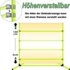 Diagram showing adjustable height of a green agility hurdle with yellow fabric. Voir les images du produit