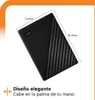 A black external hard drive with dimensions indicated and text describing its features. Voir les images du produit