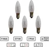 Five clear candle-shaped light bulbs with silver bases are arranged in a staggered pattern against a white background. Below the bulbs are several rectangular labels with text and symbols. Produktbild-Vorschau