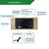 The back of a digital alarm clock with labels pointing to its various buttons and power sources. Produktbild-Vorschau