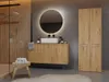 A modern bathroom with a wooden vanity, sink, mirror, and a tall cabinet. Produktbild-Vorschau