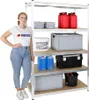 A woman stands next to a metal shelving unit filled with various storage containers and bottles. Produktbild-Vorschau