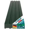 A stack of dark green corrugated metal sheets, likely roofing or siding, is presented against a white background. A diagonal overlay with product information and branding is visible on the lower right. Produktbild-Vorschau