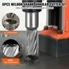 A close-up of a metal annular cutter being used to drill a hole in a metal surface, with inset images showing the cutter head and the resulting hole. Produktbild-Vorschau