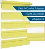 A close-up view of a yellow and white striped roller blind with informational text overlays. Produktbild-Vorschau