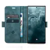 A teal flip-case wallet for a smartphone is shown open, with cards and currency inserted, and the smartphone displayed on the right. Produktbild-Vorschau