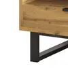 A close-up view of the bottom corner of a wooden table with black metal legs. Produktbild-Vorschau