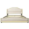 A beige upholstered bed frame with a headboard and footboard, shown from the front on a white background. Produktbild-Vorschau