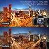 A split image showing a city skyline at night. The top half is in focus with a camera and text overlay, while the bottom half is blurred. Produktbild-Vorschau