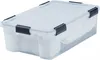 A clear, well-lit studio shot of a transparent storage box with black clips, filled with white rolled items. Produktbild-Vorschau