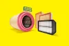 A collection of car air filters and a brand logo against a bright yellow background. Produktbild-Vorschau