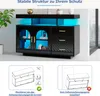 A black sideboard with LED lighting and two inset images showing assembly instructions. Náhled obrázku produktu