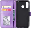 A purple flip case for a Huawei P30 Lite phone, showing the inside with card slots and a photo, and the phone holder part. Produktbild-Vorschau