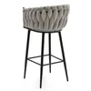 A bar stool with a gray upholstered seat and black metal legs, shown from a rear-diagonal angle against a white background. Produktbild-Vorschau