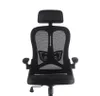 A black ergonomic office chair with a headrest is shown from the front against a white background.