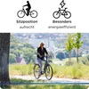 A woman riding an electric bicycle on a path with a scenic background of hills and buildings. Produktbild-Vorschau