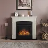 A white electric fireplace with a realistic flame effect is shown in a room with a picture on the wall and a log holder next to it. Produktbild-Vorschau