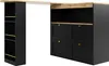 A modern black and wood bar table with shelves and drawers, isolated on a white background. Voir les images du produit