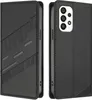 A black leather flip case for a Samsung Galaxy A33 5G phone is shown from two angles.