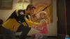 A man kneels down to talk to a young girl in a room. Produktbild-Vorschau