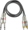 A coiled audio cable with two 1/4 inch mono jack plugs on one end and two RCA male plugs on the other end, presented on a white background. Produktbild-Vorschau