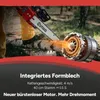A person using a chainsaw to cut a log, with a close-up of the motor. Produktbild-Vorschau