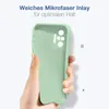 A hand holding a light green phone case against a white background. Produktbild-Vorschau