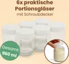 A group of empty glass jars with white lids, with one jar filled with a creamy substance shown in an inset circle. Produktbild-Vorschau