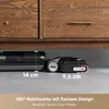 A vacuum cleaner head and its base are shown under a wooden cabinet, with measurements indicating its low profile. Produktbild-Vorschau