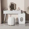 A white vanity table with a unique LED mirror, makeup, and a stool in a room. Podgląd zdjęcia produktu
