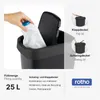 A hand is shown placing a white plastic bag into a black trash can. The image also includes diagrams illustrating different lid types and text describing product features. Produktbild-Vorschau