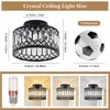 A collage of images showing the dimensions of a crystal ceiling light, a football for size comparison, and the light in different lighting conditions, along with a light bulb. Voir les images du produit