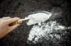 A hand holding a trowel with white powder being sprinkled onto dark soil. Produktbild-Vorschau