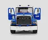 A front view of a blue MACK concrete mixer truck with its doors open. Podgląd zdjęcia produktu