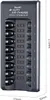 A black and gray 8-slot USB battery charger is shown from the front with dimensions indicated. Náhľad obrázku produktu