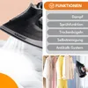 Collage showing a steam iron in use and a list of its functions, with clothing items in the background. Produktbild-Vorschau