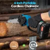 A hand holding a cordless chainsaw cutting a log. Produktbild-Vorschau