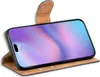 A smartphone in a brown flip case, shown at an angle. Produktbild-Vorschau