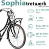 A black electric bicycle with a list of its features and specifications. Produktbild-Vorschau