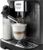 A close-up shot of a DeLonghi coffee machine making a latte. Voir les images du produit