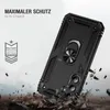 A black phone case with a ring holder is shown in a dynamic pose, with debris falling around it, suggesting durability and protection. Produktbild-Vorschau