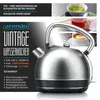 A marketing image for a vintage-style electric kettle, featuring product details and lifestyle shots of beverages. Podgląd zdjęcia produktu