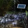 A solar-powered pond pump with a fountain spraying water in a garden pond at night, with a solar panel visible in the background. Produktbild-Vorschau