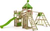 A wooden playground set with a slide, swings, and climbing features, set against a white background. Náhled obrázku produktu